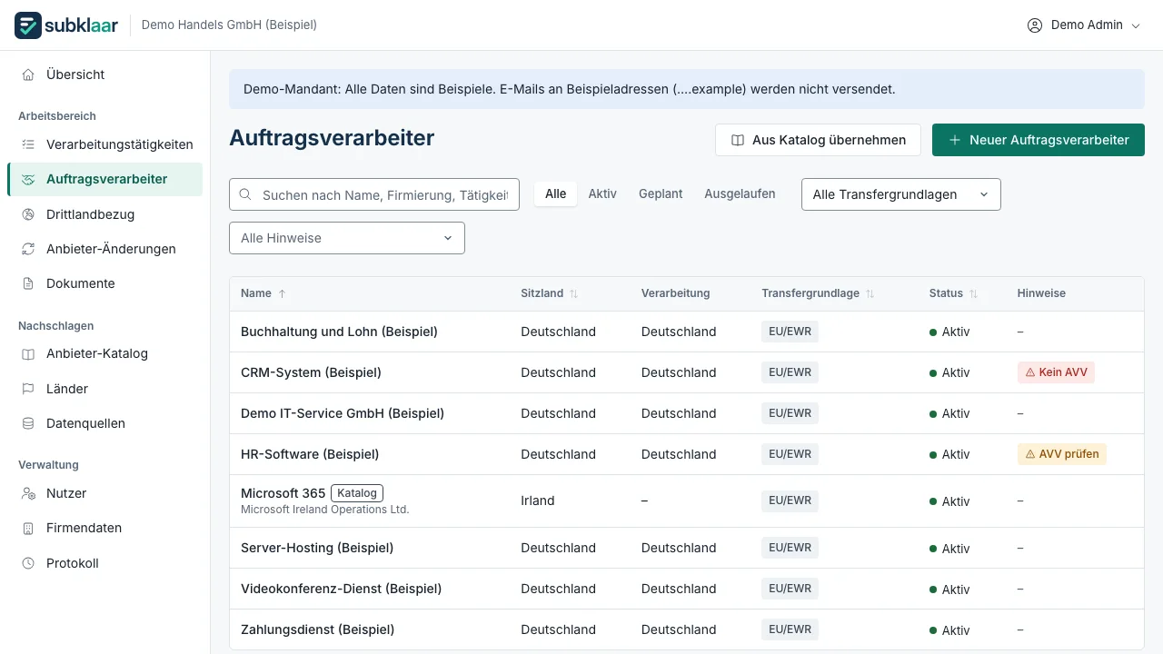 subklaar: Liste der Auftragsverarbeiter eines Unternehmens mit Sitzland, Verarbeitungsort, Transfergrundlage, Status und Hinweisen wie „Kein AVV“